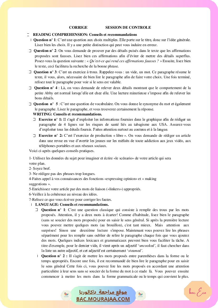 Corrigé controle anglais Bac 2012 – Section eco